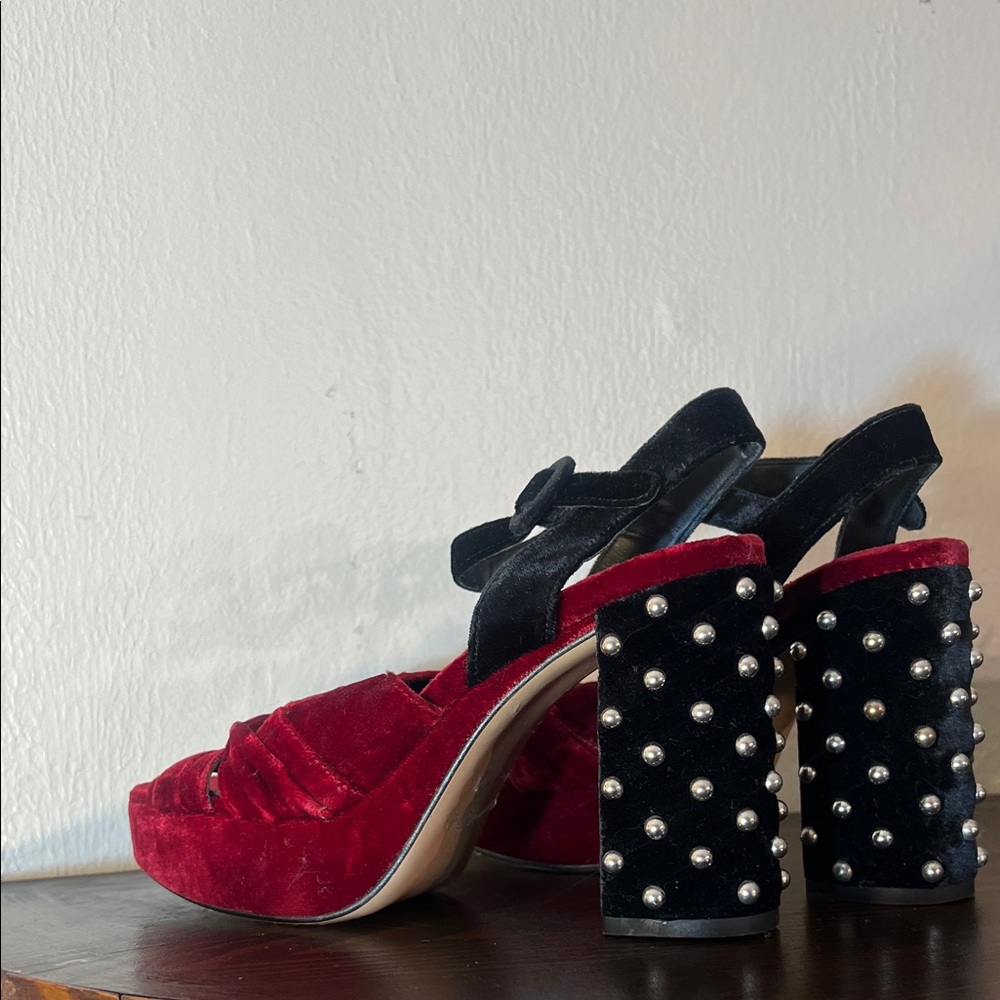 Zara Deep Red and Black Velvet Platform Heels Silver Studs Heel Sz 40 9 - Picture 3 of 6